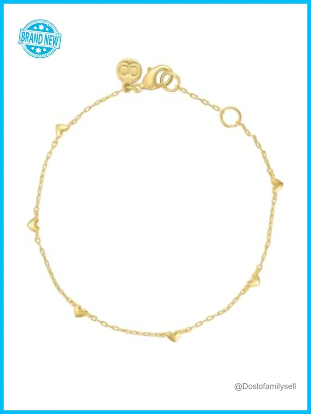 18k Gold Plated Brass Link Bracelet with Red Enamel Hearts, Adjustable 6.5-7